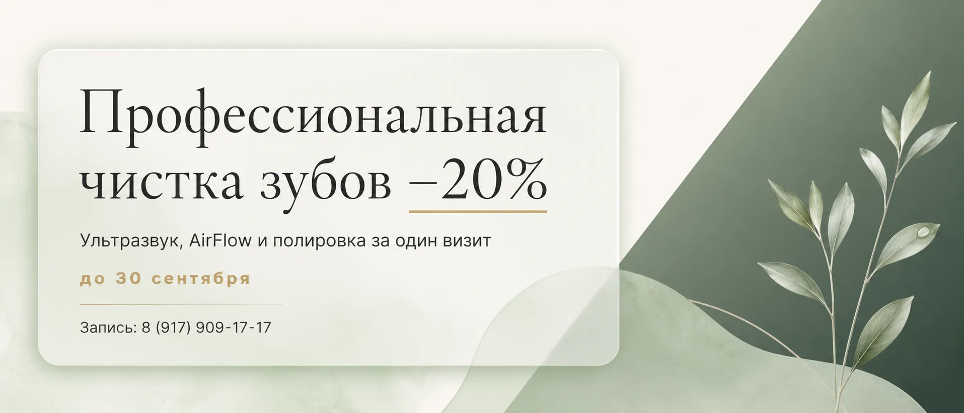 Акция: профессиональная чистка зубов со скидкой 20% до 30 сентября — ультразвук, AirFlow и полировка за один визит. Запись: 8 (917) 909-17-17